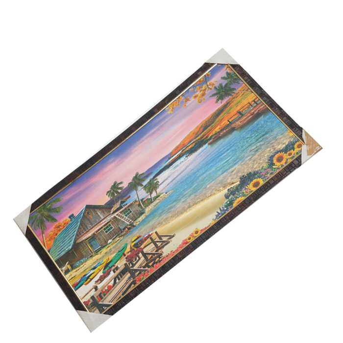 Living Room House on Riverside With Boats and Flowers Nature Scenery Photo Frame - 26 × 14 Inches | For Home Decor And Gifts