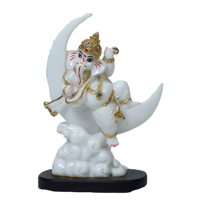 Lord Ganesha Is Sitting On The Moon Marble Dust Murti Idol - 9 × 6 Inches | For Pooja Temple And Home Decor