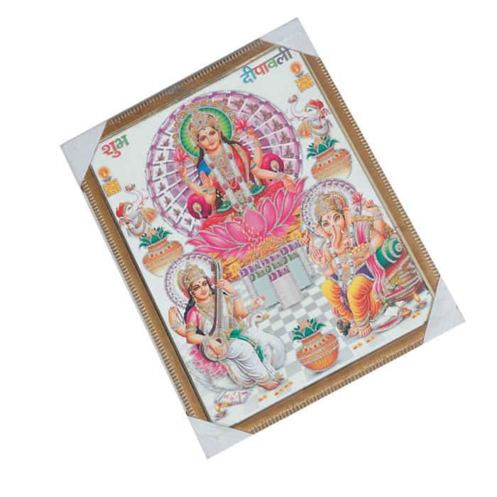 Goddess Lakshmi, Goddess Saraswati and Lord GaneshaPhoto Frame - 17 × 13 Inches | For Pooja Temple | Home Decor And Gifts
